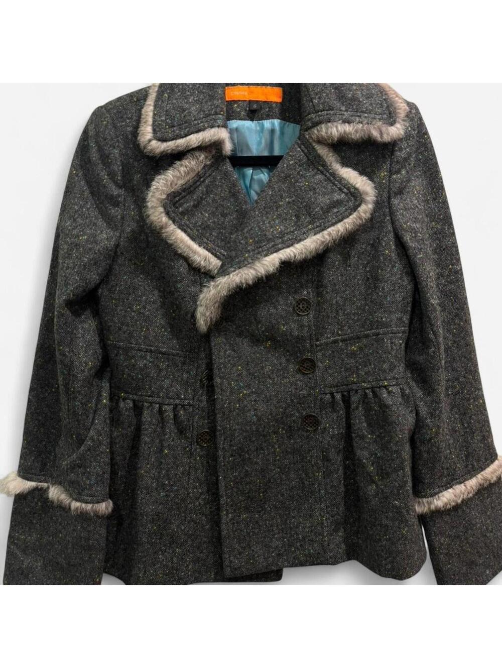 Cynthia Steffe - Wool Tweed Peplum Coat with Rabbit Fur Trim.